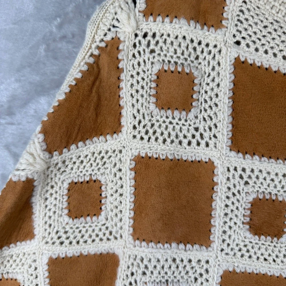 Vintage Patchwork Poncho  Wool Suede Cream Tan Fringe Boho M